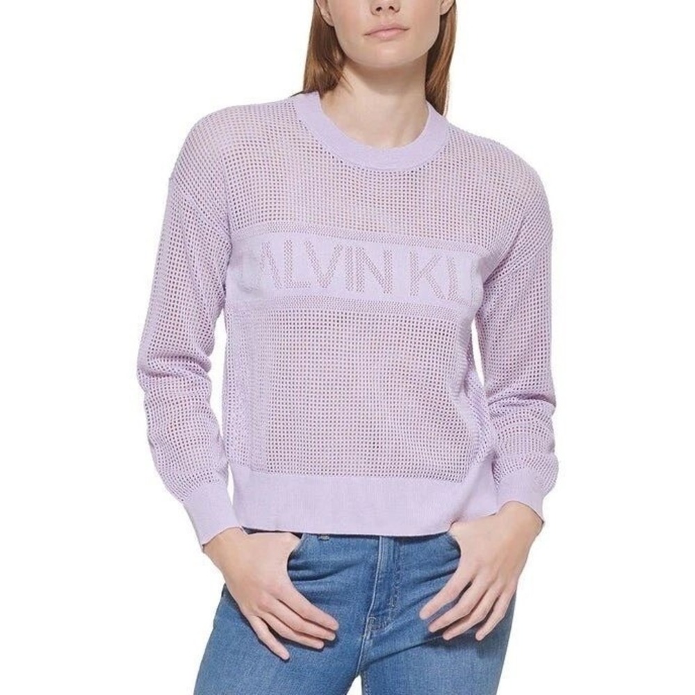 Calvin Klein Logo Mesh Knit Sweater Size L Lavender Purple Open Weave Pastel